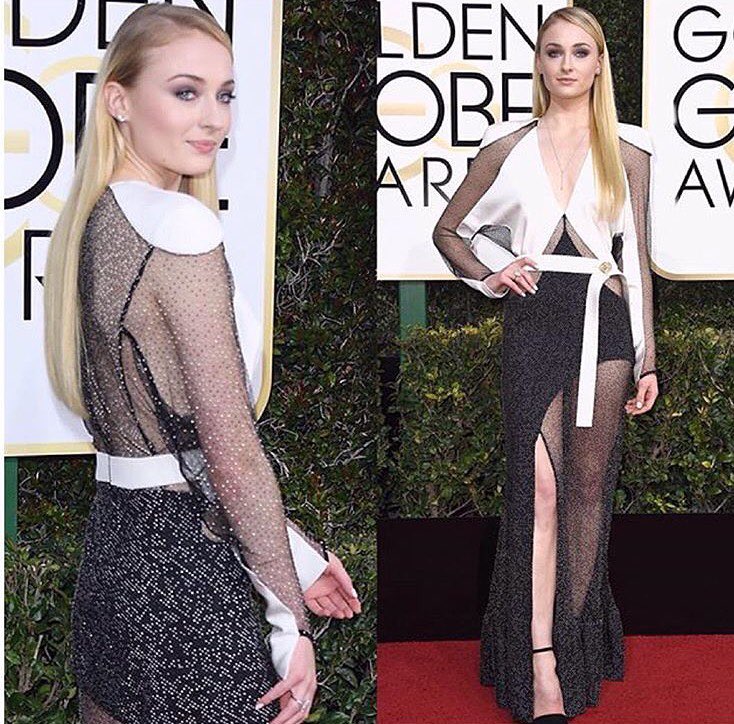 Sophie Turner attending the 74th annual Golden Globes wearing @louisvuitton hair by @cwoodhair make up by @georgieeisdell styled by @rebeccacorbinmurray