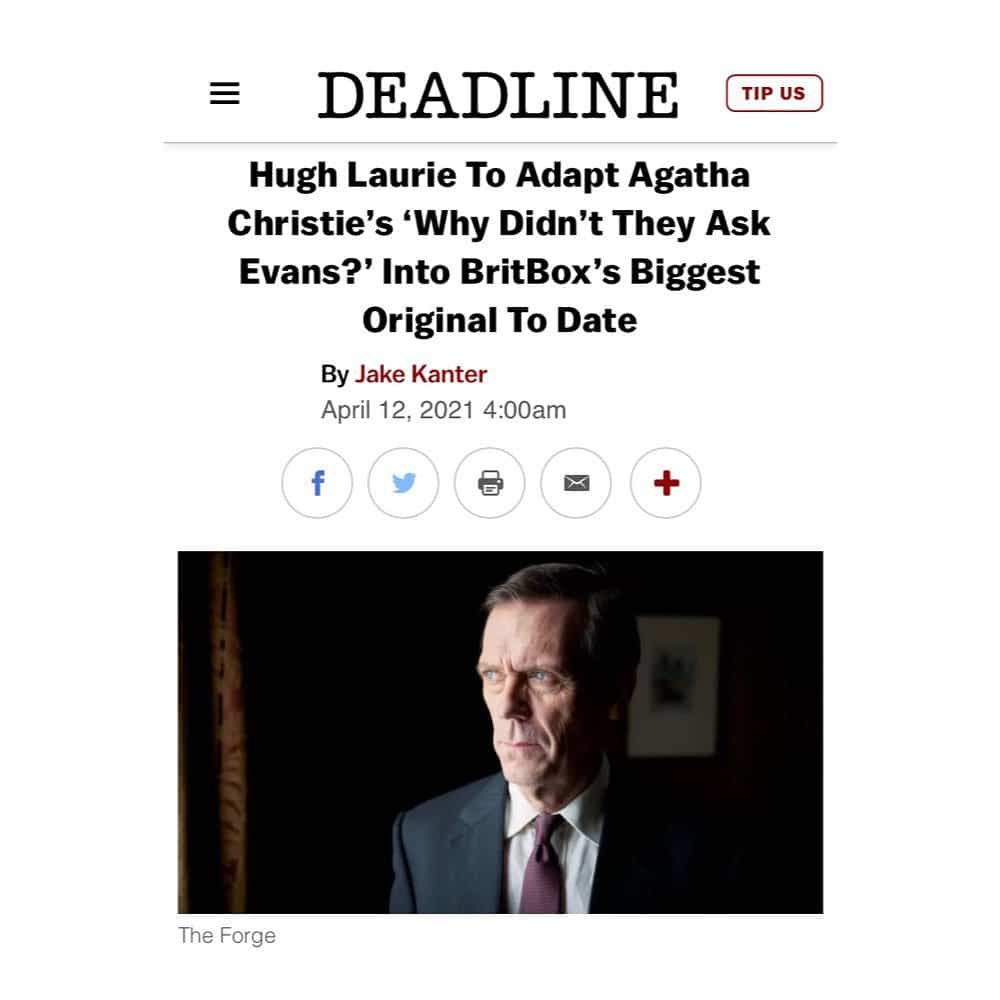 Hugh Laurie to write, direct and executive produce a mini-series adaptation of @officialagathachristie novel for @britboxtv  
.
.
.
.