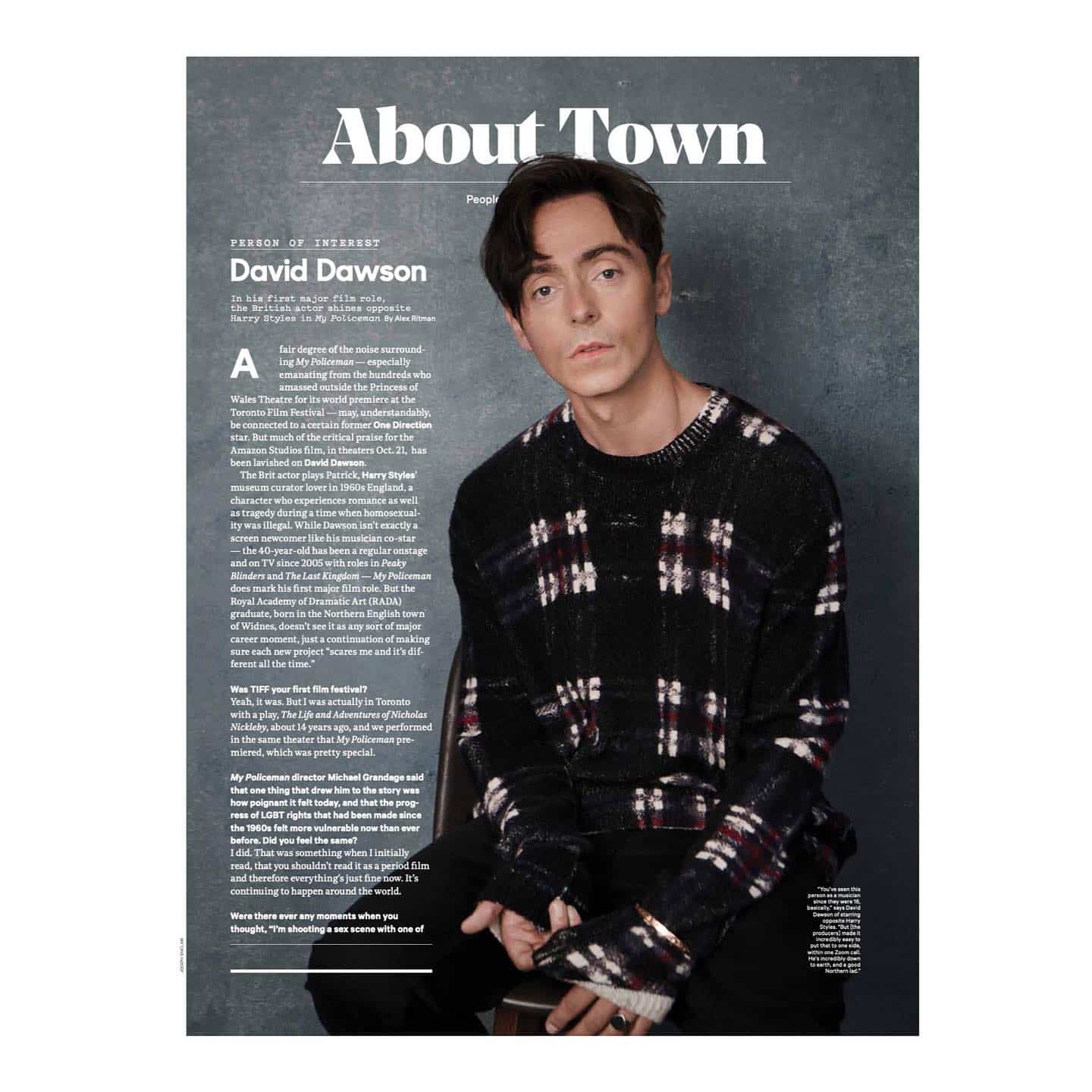 @mrdrdawson discusses his role in My Policeman with @hollywoodreporter for their ‘About Town’ feature.

My Policeman is available to watch in cinemas in the US & UK. It will release globally on Amazon Prime on 4th November 
.
.
.
📸 @josephsinclair 
‍♂️ @nadiaaltinbas 
.
.
.