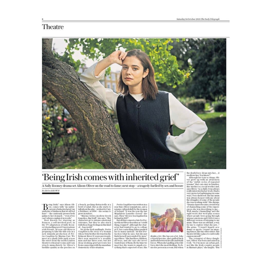 @alisonjoliver talks to the @telegraph about her leading role in Portia Coughlan at the @almeida_theatre 
.
.
.
📸 @riischroer 
 @studionicholson 
 @charlotteyeomansmakeup 
.
.
.