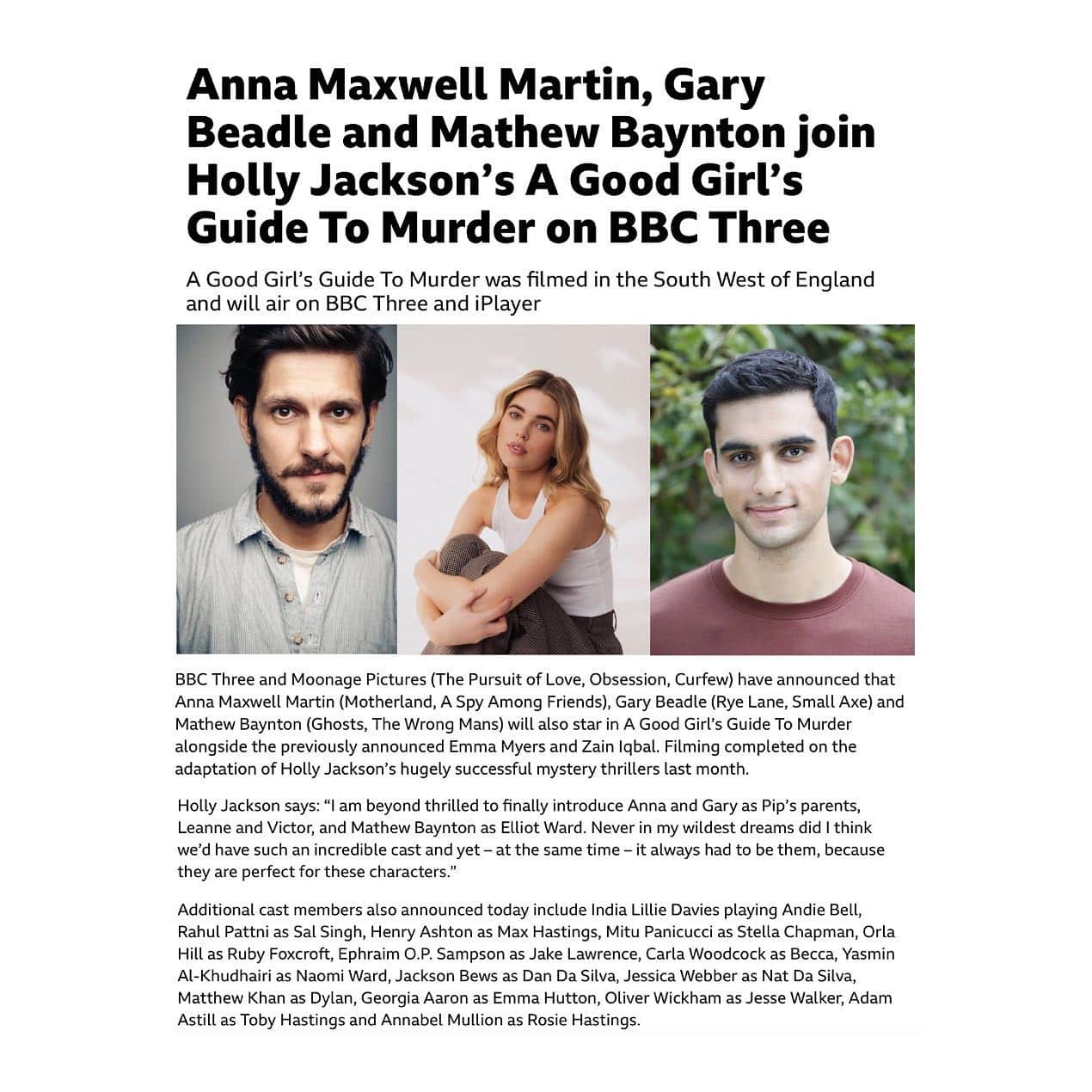 Mathew Baynton & @carlawoodcock join the cast of BBC drama A GOOD GIRL’S GUIDE TO MURDER

Mathew and Carla will be seen alongside @zain.iqbl, who was previously announced to star as Ravi Singh. 

Mathew will portray Elliot Ward and Carla as Becca Bell.
.
.
.