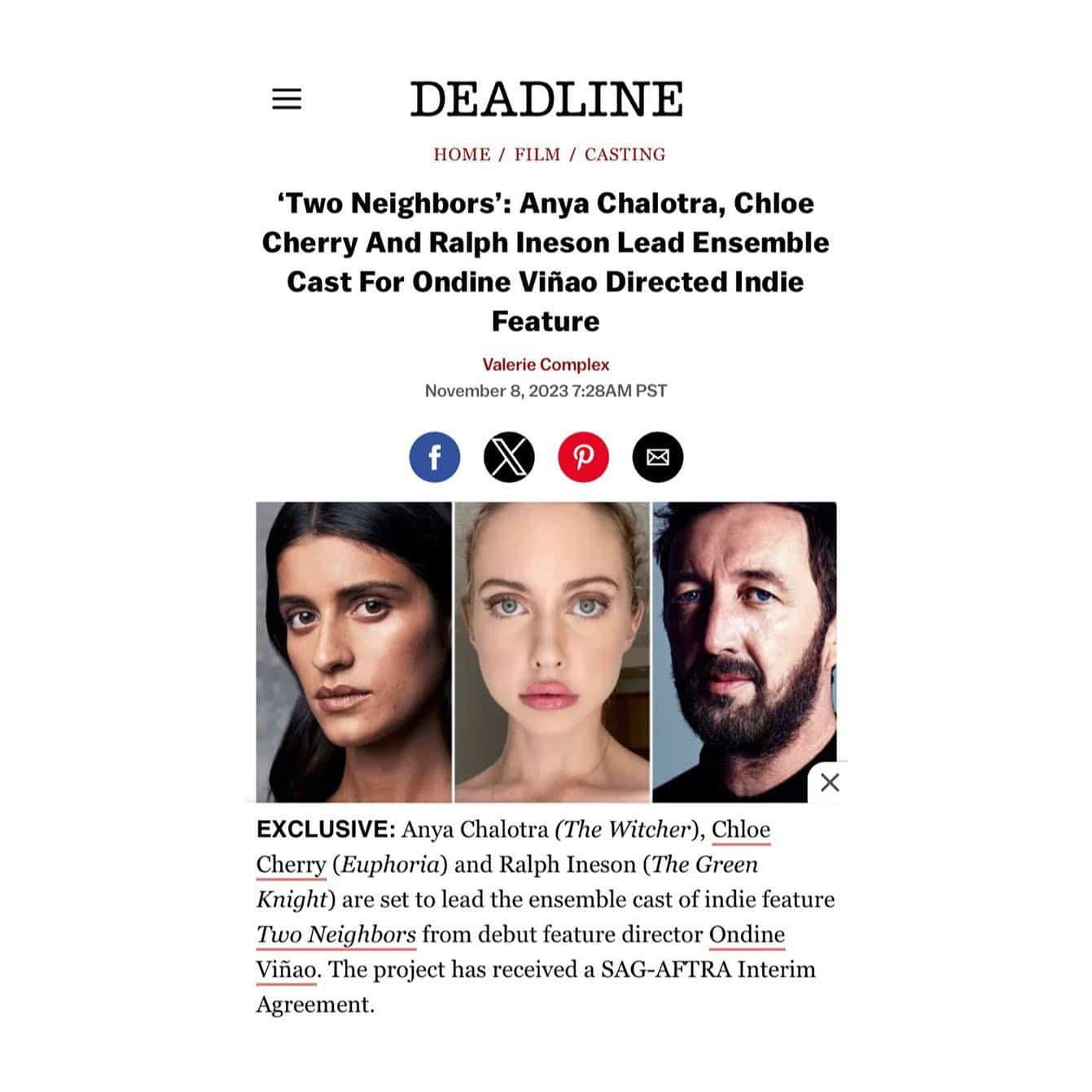 anyachalotra will star in TWO NEIGHBORS, opposite Chloe Cherry and Ralph  Ineson . . . #PublicEyeTalent #AnyaChalotra #TwoNeighbors - Public Eye :  Public Eye