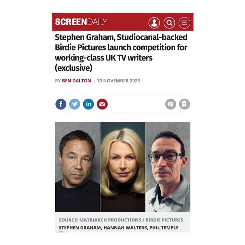 @waltersgraham @stephengraham1973 ‘s production company @matriarchproductionsuk alongside @birdiepicturesltd have announced their new competition for TV writers from socio-economically disadvantaged backgrounds 
.
.
.
Link: https://www.screendaily.com/news/stephen-graham-studiocanal-backed-birdie-pictures-launch-competition-for-working-class-uk-tv-writers-exclusive/5187807.article
.
.
.