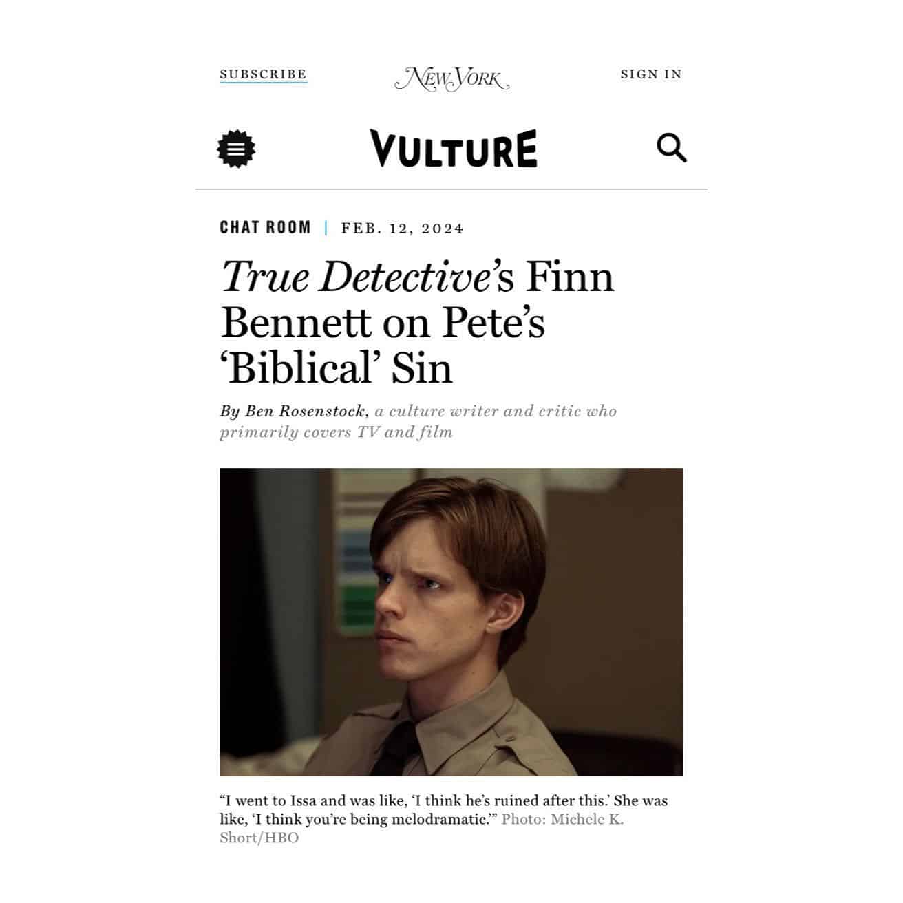 ️ @_finnbennett spoke to @vulture @nymag about the brilliant @truedetective, ahead of the finale this weekend on @hbo ️

.
.
.